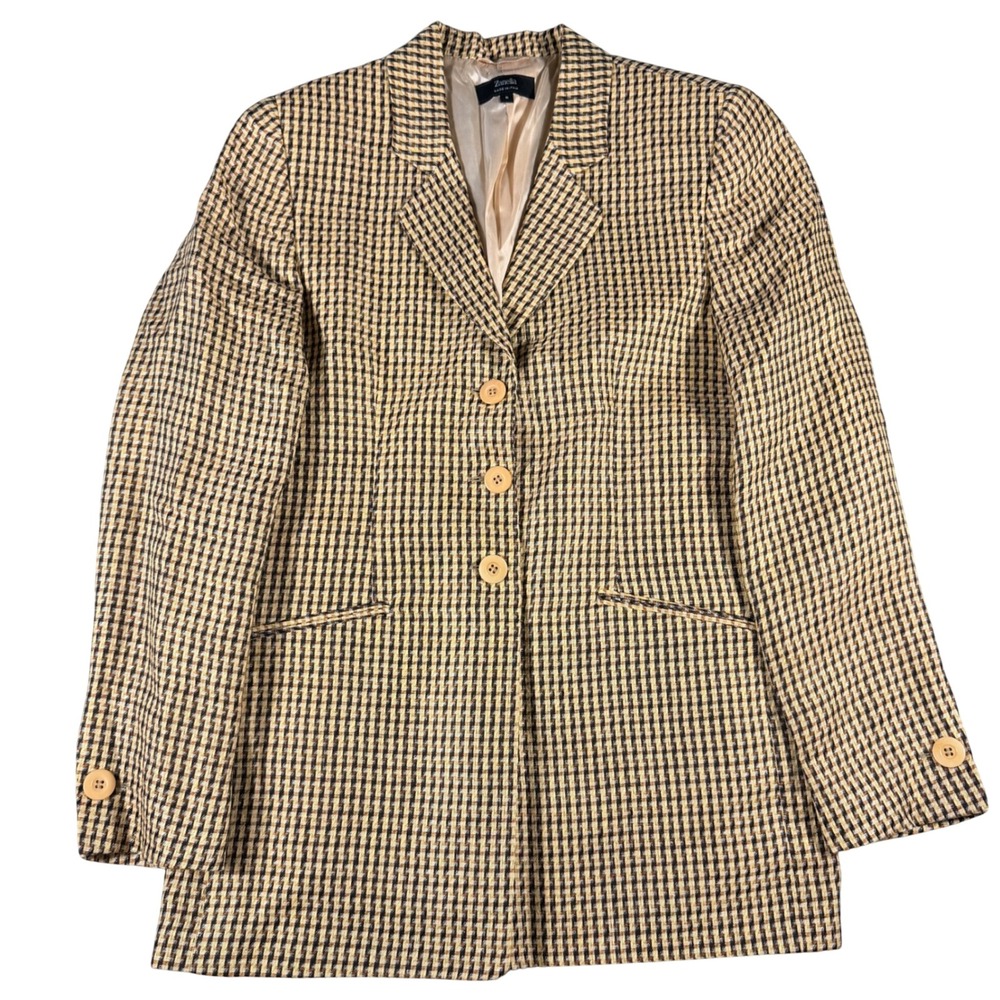 Zanella Amanda Blazer Womens 6 Tan Black 100 Linen Made in Italy Textured Jacket